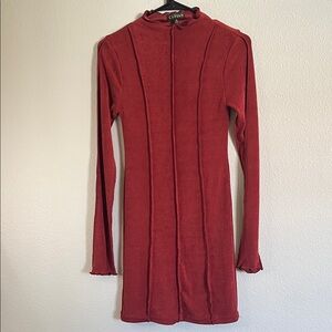 Elegant Long Sleeve Rust Colored Fitted Stretch Dress